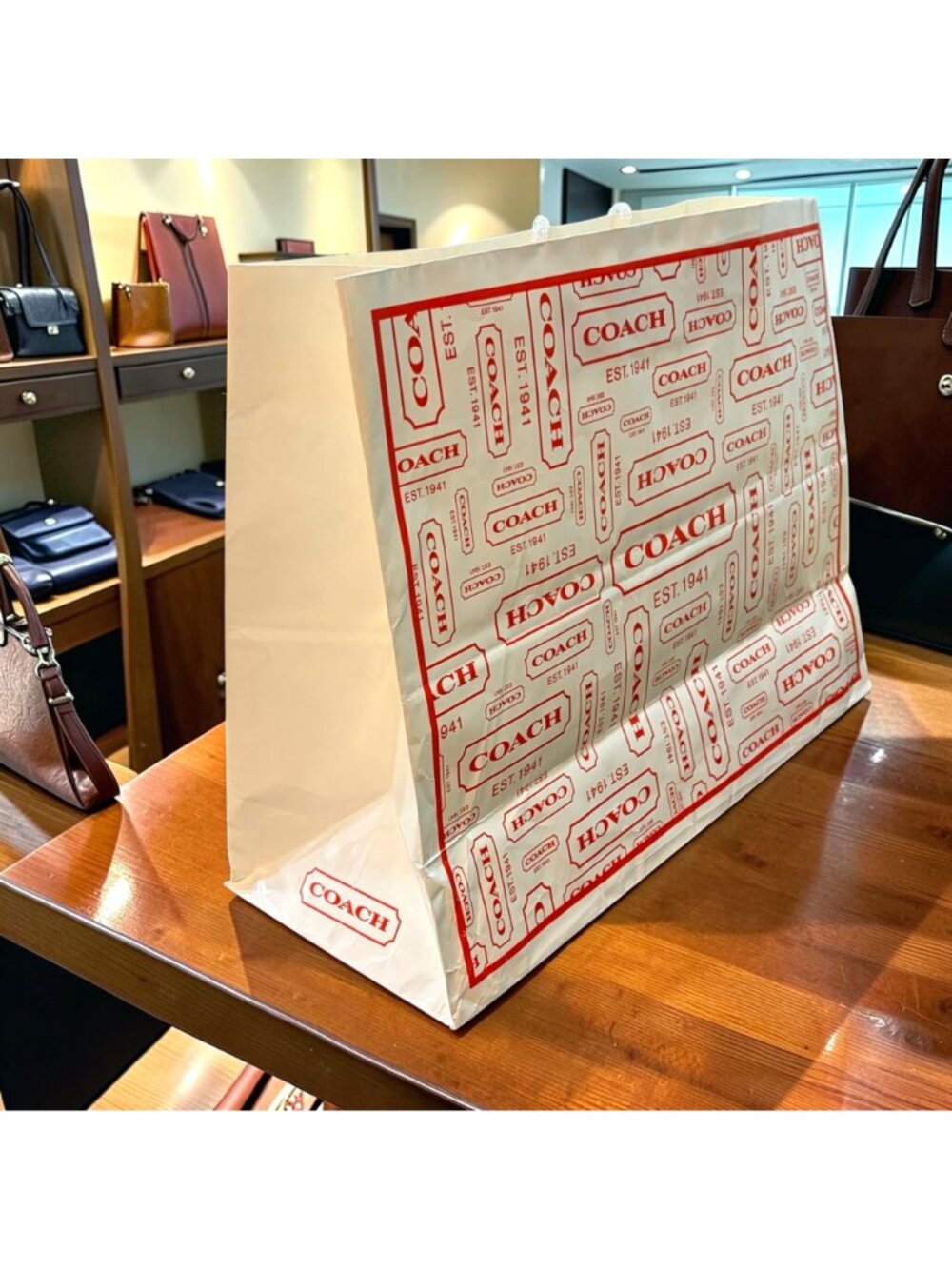 Vintage Coach Logo Print 2011 Top Handle Shopping Gift Bag Red White Paper - Picture 2 of 9